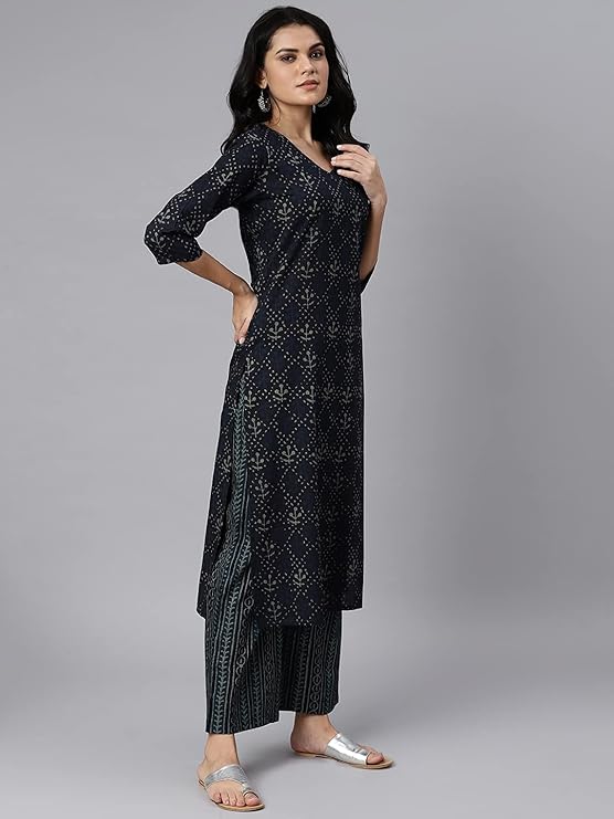 idaLia Ethnic Kurta Set for Women 3/4 Sleeve, Round Neck Cotton A-line Solid Kurta with Palazzo Pant Set